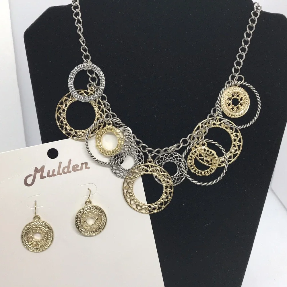 Mulden Necklace Earring Set TwoTone Boho Textured Medallion Nickel Free NEW